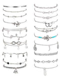 FASACCO 20Pcs Ankle Bracelets for Women Adjustable Beach Anklet Set Surfer Anklet Heart Star Turtle Infinite Anklets Foot Jewelry - color: silver tone