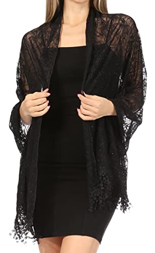 Sakkas Mari Women's Large Lightweight Soft Lace Scarf Wrap Shawl Floral and Fringe - color: Style4-black
