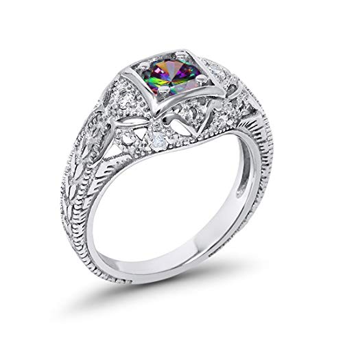 Blue Apple Co. Art Deco Ring Round Cubic Zirconia Leaf Filigree Design Split Shank Twisted Band Bridal Statement Wedding Engagement Rings For Women 925 Sterling Silver Gifts For Her - color: Simulated Rainbow Topaz