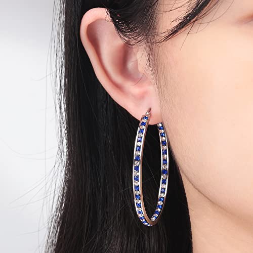 CiNily Mult-colors Crystal Stainless Steel Hoop Earring for Women Hypoallergenic Jewelry for Sensitive Ears Large Big Hoop Earrings 2" - color: Blue & White
