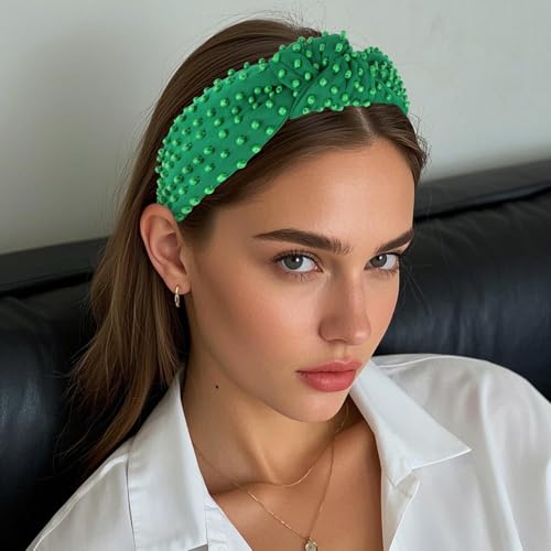YISSION Green Knotted Headband for Women - Wide Beaded Hair Hoop, Stylish Hair Accessory for Daily Wear, St. Patrick's Day Festivals & Casual Outfits - color: Green