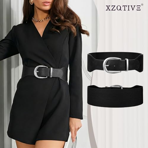 XZQTIVE Women Wide Elastic Waist Belt for Dresses Fashion Cinch Belts Stretchy Waistband with Gold Buckle - color: Black(silver Buckle), size: Fit Waist Size 26"-29"