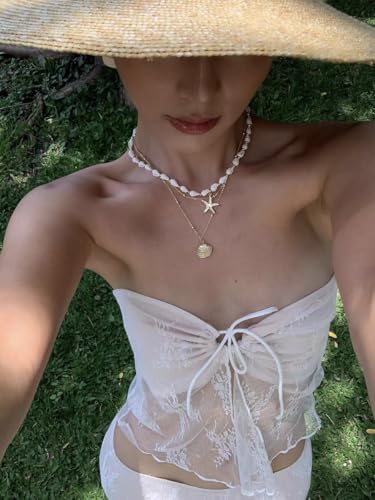 Seashell Starfish Necklace for Women Conch Shell Summer Pearl Beach 14k Gold Layered Dainty Choker - style: 3 Layered Necklace