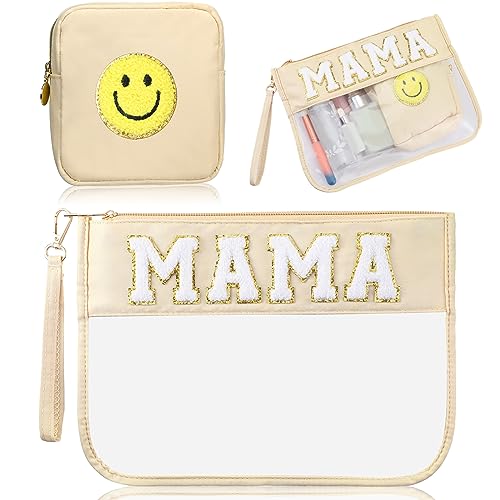 Hillban 2 Pcs Mom Gifts Mama Makeup Bag for Hospital Chenille Letter Pouch Preppy Patch Beach Travel Bags Aesthetic Waterproof Portable Toiletry Storage - style: Mother Theme