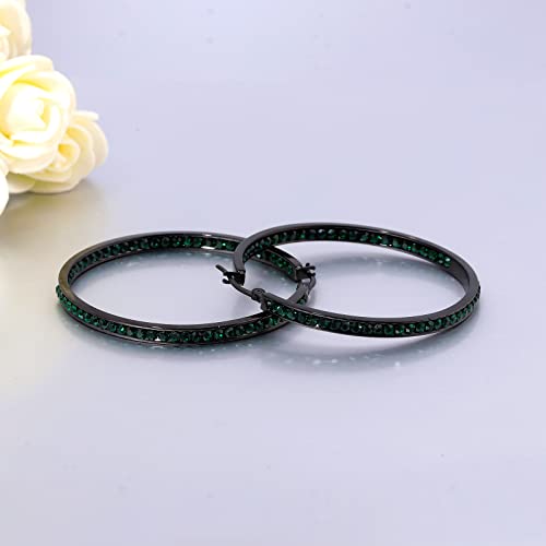CiNily Mult-colors Crystal Stainless Steel Hoop Earring for Women Hypoallergenic Jewelry for Sensitive Ears Large Big Hoop Earrings 2" - color: Black&Emerald
