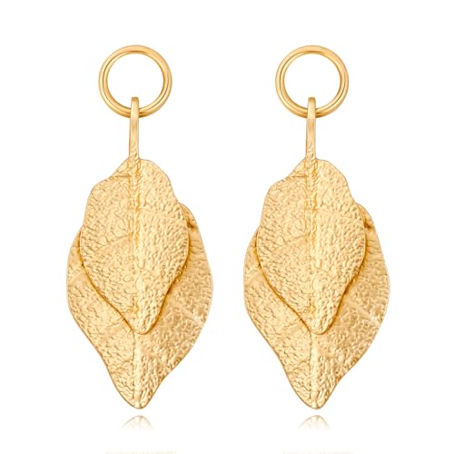 Stud Earrings for Women 14k Gold Plated Geometric Dangle Earrings Lightweight Minimalist Handmade Hammered Texture Oval Disc Drop Double-layer Big Hoop Dangle Earrings for Women - color: Leaf Dangle