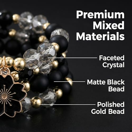 LOTSOF Boho Flower Beaded Bracelet Set for Women - Multilayer Crystal & Flower Charm Stackable Bracelets, Fashion Jewelry Gift for Her - color: Black