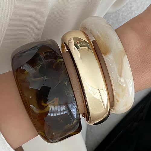 FAXHION Chunky Resin Acrylic Bangle Bracelets for Women, Colorful Wide Geometric Bangles Set, Statement Stackable Bracelet Jewelry Gift - color: Dark Brown