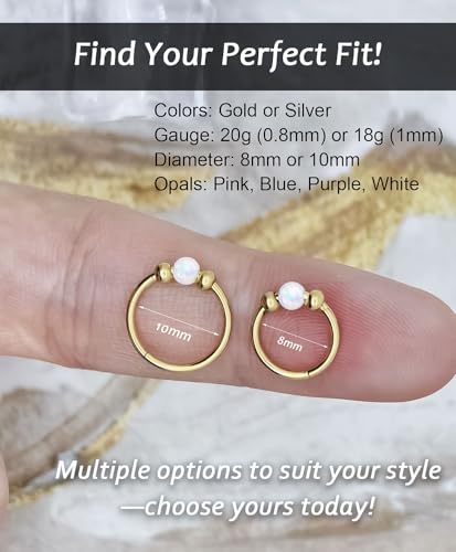 Opal Nose Ring Studs Horseshoe Nose Rings Hoops Stud 316L Stainless Steel Nose Rings Round CZ Square Screw L Shaped Nose Stud Hypoallergenic Nostril Piercing Jewelry for Women Men - color: Gold/White gem/18g 8mm hoop/Screw Studs