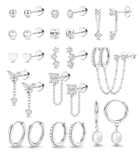 LOLIAS Hypoallergenic Flat Back Earrings Set for Women-Surgical Stainless Steel Earrings for Sensitive Ears-14K Gold Plated Chain Cartilage Earring Stacks Flatback Stud Hoop Earring Sets for Multiple Piercing Jewelry - color: Silver
