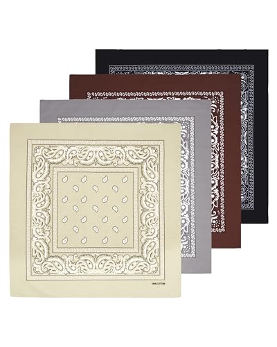 Bycc Bynn Large 27" x 27" 100% Cotton Bandanas - Set of 4 - color: Black+khaki+brown+gray