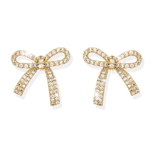 Rhinestone Bow Earrings for Women, Elegant Bridal Jewelry Statement Drop Dangle Earrings, Wedding Guest Dress Matching Accessories, Bridesmaid Gift, Sparkling Party Costume Outfit - color: A1:Gold Bow Stud Earrings