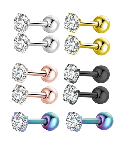 Tanyoyo 4mm Surgical Stainless Steel Ear Piercing Studs Earrings sets 5-6 Pair Mixed Colors High Polished 16G ¡­ - style: B: 4 COLOR CZ