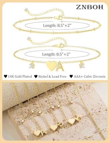 Silver Ankle Bracelets For Women 14k Gold Plated Initial Anklets For Women Waterproof Non Tarnish Dainty Layered CZ Letter A-Z Heart Charm Anklet Set Summer Beach Foot Chain Jewelry Gift - color: Gold