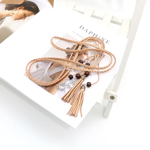 Women's Waist Belts Woven Tassels Chain Belt Skinny Rope Belt for Skirt Dress Boho Style - color: Kaki