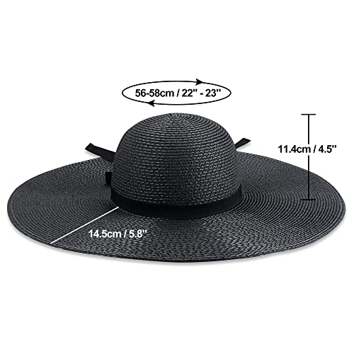 Women Wide Brim Sun Hat UPF50 Straw Summer Hat Floppy Beach Hat Roll-Up - color: Black