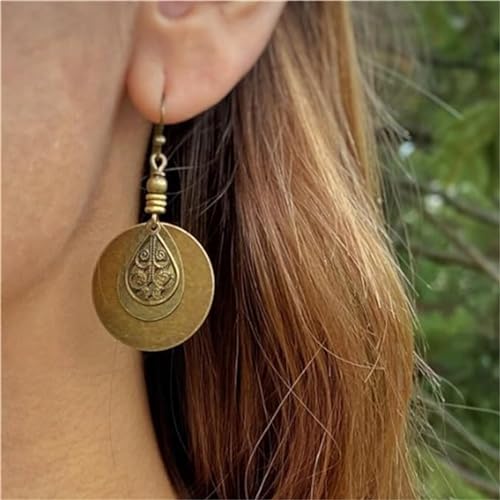 Bohemian Earrings - Dangle Boho, Handmade Antique Ethnic Jewelry, Vintage Carved Hoop Spiral Earrings for Women, Ethnic Brown Disc Round