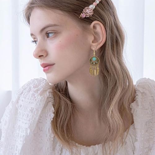 Boho Turquoise Drop Earrings Retro Long Copper Feather Tasse Metal Leaf Dangle Earrings Vintage Country Western Jewelry Cowgirl Ethnic Style Geometric Concert Festival Accessories for Women - color: Gold Feather