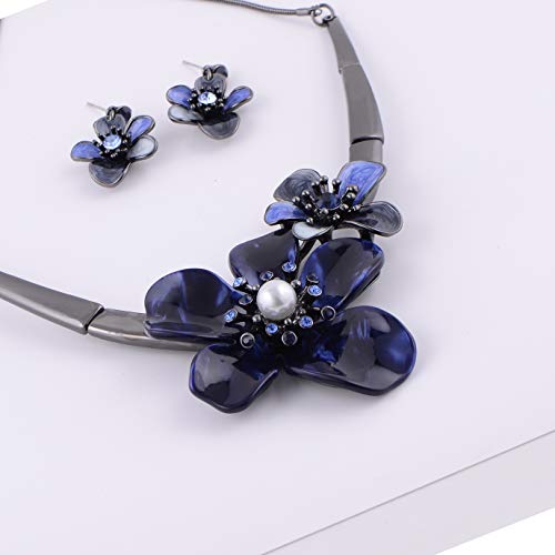 AMYJANE Vintage Statement Jewelry Set - Spring Leaf Flower Floral Plant Necklace Earring Set Crystal Rhinestone Fashion Costume Jewelry for Women Prom Party Unique Gift - style: 2 Flower Jewelry Set Blue