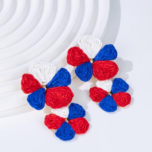 Boho Flower Earrings Statement Raffia Dangle Earrings Cute Floral Jewelry Trendy Summer Beach Vacation Outfits for Women - color: Red/White/Blue