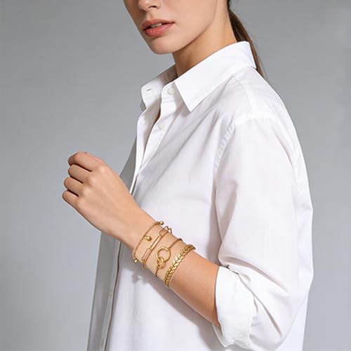 Alegend Titanium Steel (Not Rust, Resist Corruption, Easily Clean) 18K Gold Plated Single Bracelets + 14K Gold Plated Stackable Multilayer Bracelets - style: 14KGold + 4PCS C