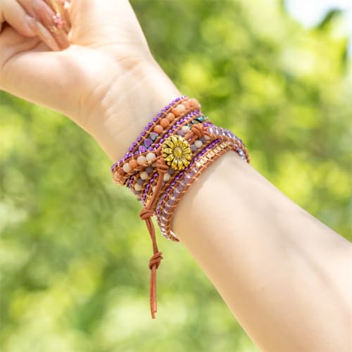 YGLINE Natural Stone Beaded Healing Wax String 5 Wraps Bracelets - color: purple