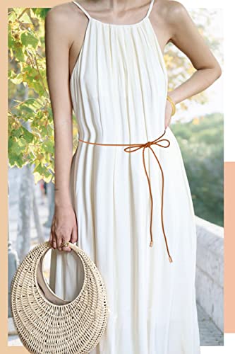 TeeYee Waist Belt Woven Knitted Rope/Chain PU leather 3 Pieces Tassel Rope Skinny Belt - color: 019blacksilvertan