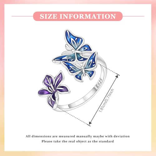 PARCOM Adjustable Women Stackable Ring, 925 Sterling Silver Open Rings - Trendy Eternity Cubic Zirconia Stackable Band Engagement Promise Ring for Her, Hypoallergenic Non Tarnish Nature Bird Floral Thumb Rings - color: Moonlit Butterfly Iris