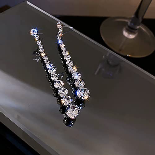 Long CZ Statement Drop Dangle Earrings for Women 925 Sterling Silver Post Pin Fashion Fringe Round Crystal Dangling Stud Elegant Christmas Wedding Birthday Party Jewelry
