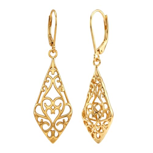 LeCalla 925 Sterling Silver Filigree Dangle Earrings for Women | Gold, Rose Gold & Rhodium Plated Diamond-Cut Filigree Drop Earrings | Lightweight Earrings Jewelry Gift - color: Yellow-Gold Filigree Drop