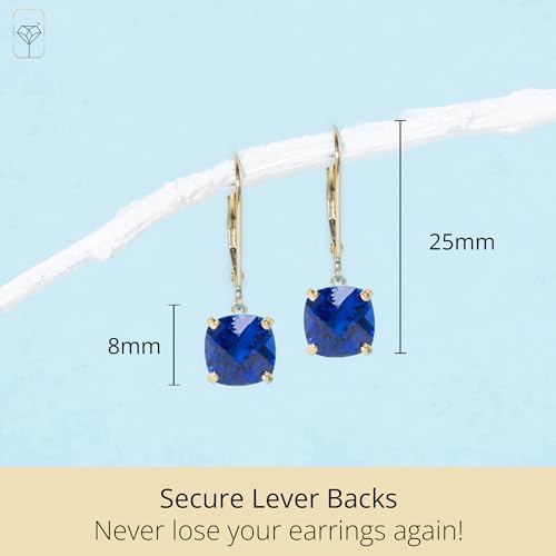 14k White or Yellow Gold Cushion Cut Gemstone Dangle Earrings for Women with 8mm Birthstones by MAX + STONE - color: Created-Blue-Sapphire
