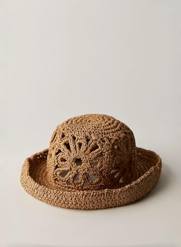 Handmade Women's Crochet Straw Bucket Hat Packable Daisy Beach Cap | Adjustable Inner Drawstring, Airy Lightweight Paper Fiber, Face Shade, Easy Storage, Feminine Openwork Floral Style - color: Brown