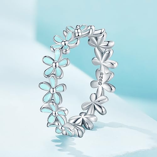MUNDELL 925 Sterling Silver Dainty Daisy Rings Blue Flower Finger Rings for Women Stacking Promise Rings Fine Jewelry - color: Blue
