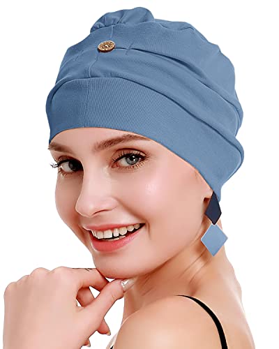 osvyo Cotton Chemo Turbans for Women Cancer Hairloss hat - Cotton Lightweight Headwear Sealed Packaging - color: Cotton Cerulean Blue