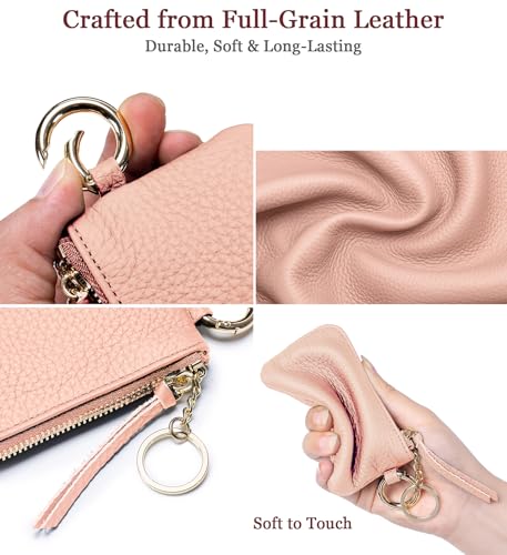 Cute Pink Coin Purse for Women – Genuine Leather Mini Zipper Wallet with Wrist Strap & Keychain, Small Change Pouch & Travel Coin Holder with Gift Box (Blush Pink) - color: Blush