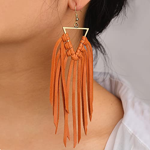 Fringe Leather Earrrings Triangle Deerskin Leather Boho Western Statement Dangel Earrings for Women - color: Brown