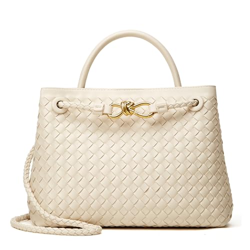 Woven Tote Bag Womens Purse: Vegan Leather Shoulder Handbags - Fashion Summer Beach Tote Bags - Large Travel Totes - color: A2 Medium Off-white