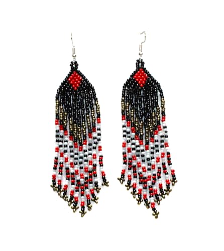Long Beaded Dangle Earrings – Boho Native Handmade Seed Bead Tassel Bohemian Large Statement Drop Fringes for Women - color: Black & Whait