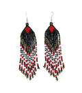 Long Beaded Dangle Earrings – Boho Native Handmade Seed Bead Tassel Bohemian Large Statement Drop Fringes for Women - color: Black & Whait