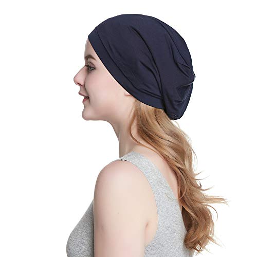 Alnorm Cozy Satin Lined Hat Slumber Cap Slouchy Skull Hat Cotton Bonnet Navy - color: Navy