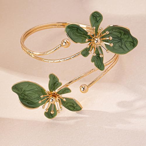 Flower Arm Cuff Bracelets for Women Adjustable Gold Upper ArmBand Jewelry Boho Floral Open Wrap Statement Bangle Bracelet Arm Cuff Jewelry Gifts for Women - color: Green