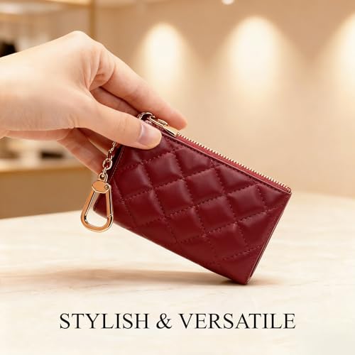 Quilted Faux Leather Coin Purse with Keychain - Small Coin Pouch Key Pouch Small Card Holder Keychain Wallet Change Purse for Women and Men (Wine Red) - color: Wine Red