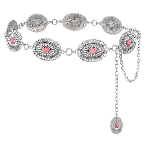 XZQTIVE Women Boho Chain Belts For Dresses Jeans Western Cowgirl Waist Links Belt Adjustable Metal Concho Belt - size: Fit Waist upto 36inches, style: Pink Turquoise Silver