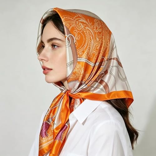 Hexchasty 35”Head Scarf Satin Silk Like Hair Scarf Large Square Head Scarves Bandana Head Wraps Headscarfs for Women Green - color: C-orange