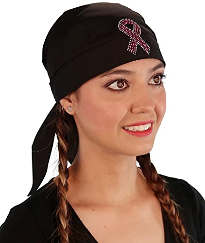 Sparkling EARTH - American Made Skull Caps Doo Rags Do Rag Durag Headwrap Head Wraps Skullies - Made in The USA! - color: Black Skull Cap With Pink Ribbon Rhinestud