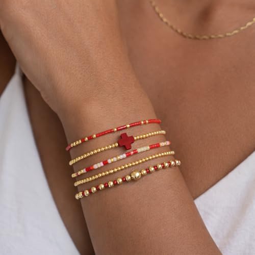 Gold Beaded Cross Bracelet for Women, 14K Plated Adjustable Stackable Dainty Bracelets, Non Tarnish Fashion Jewelry Set Gifts for Women Birthday Friendship - color: Colors-11