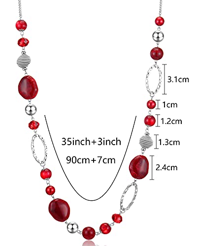 BULINLIN Beaded Long Necklace for Women Silver Sweater Chain Necklace with Crystal Resin Beads, Fashion Jewelry Necklace - color: Red