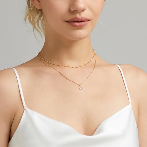 Luxval Diamond Pendant Gold Necklace for Women，Dainty 18k Gold Plated Choker Necklaces Simple Gold Jewelry Gifts for Women Girls - color: Gold-Birthstone Layered