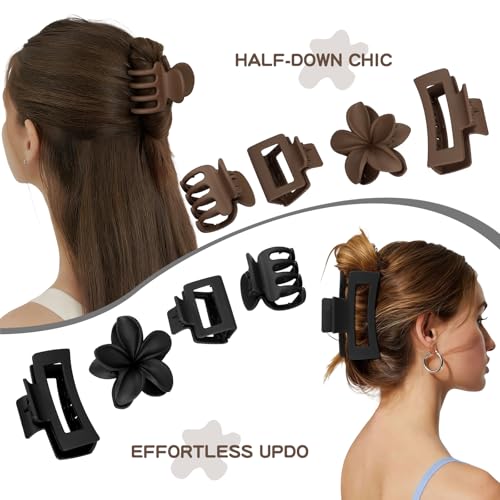 8 Pcs Neutral Matte Hair Claw Clips Set, Strong Hold Non-Slip Jaw Clips for Women Girls, Rectangle & Flower Design Hair Clips for Thick/Thin Hair, Daily & Styling Accessories（Black） - color: Black