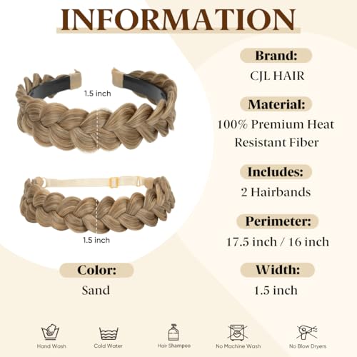 CJL HAIR 2PCs Braided Headbands Hair Piece for Women Synthetic Hair Hoops Head Bands Handmade Braid Hairband Accessories Elastic Stretch Headwrap Sand - color: 2PCS-Sand